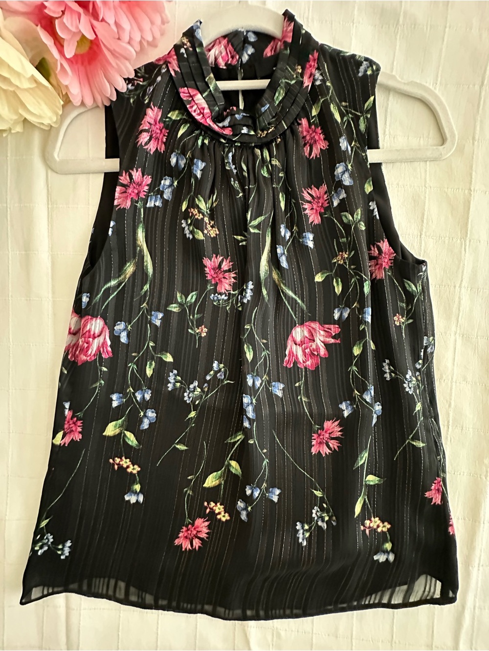White House Black Market Brand New Black Floral Sleeveless Mock Neck Camisole!